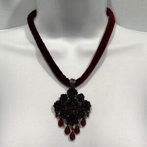 Gothic Black Rose Pendant Necklace Velvet Cord Witchy Victorian Dark Academia
